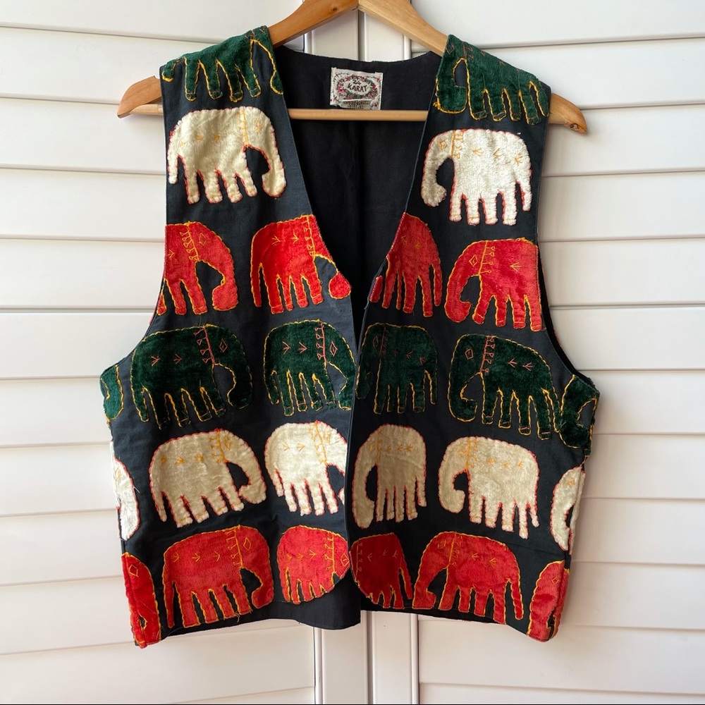 24 Karat Elephant Designed Stitched Velvet Colored Vintage Cotton Vest